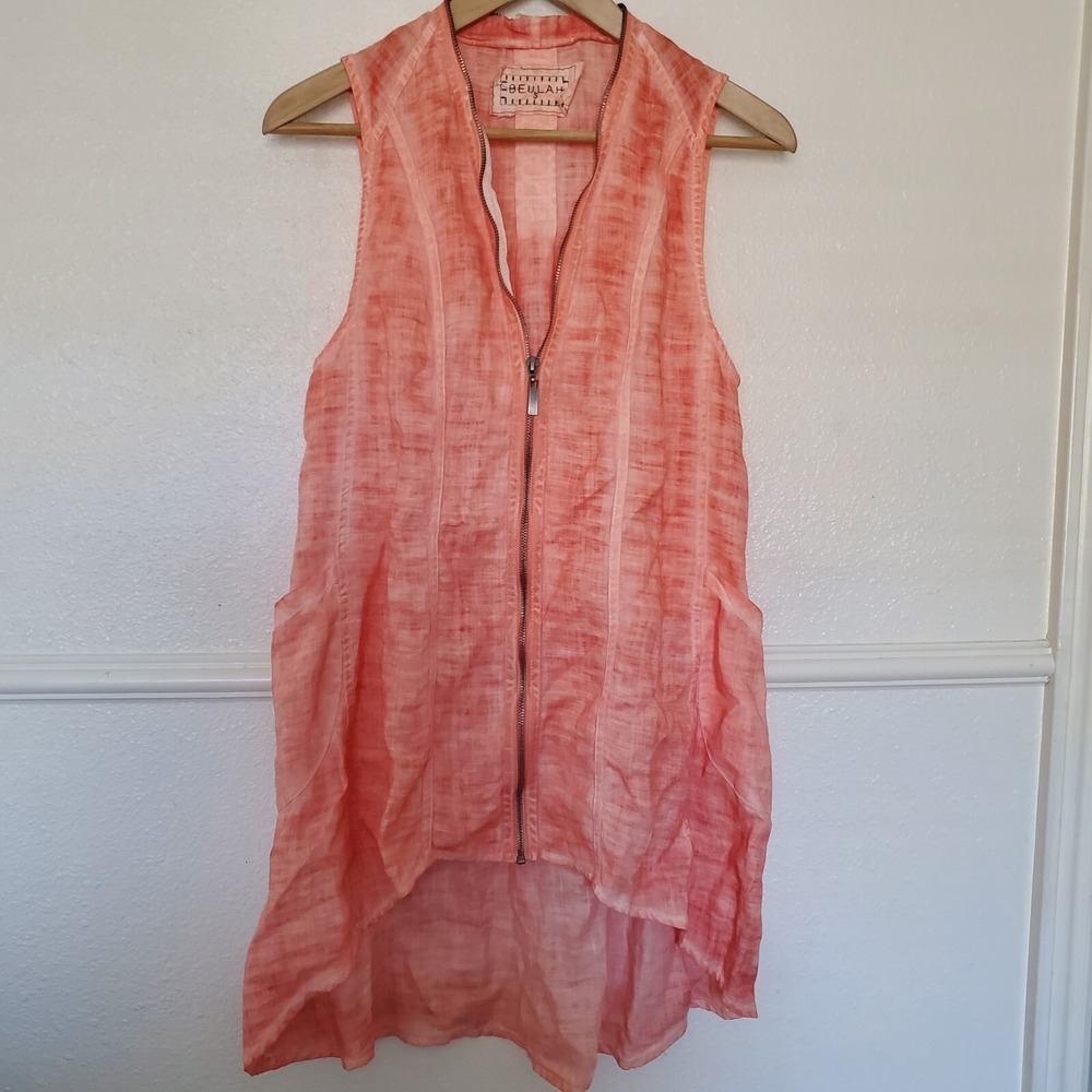 Beulah Style Sleeveless Blouse Full Zip Ramie With Pockets Orange Women's Size S